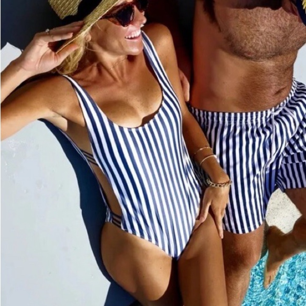 Kenny Flowers striped navy blue Hamptons one piece bathing suit swimsuit